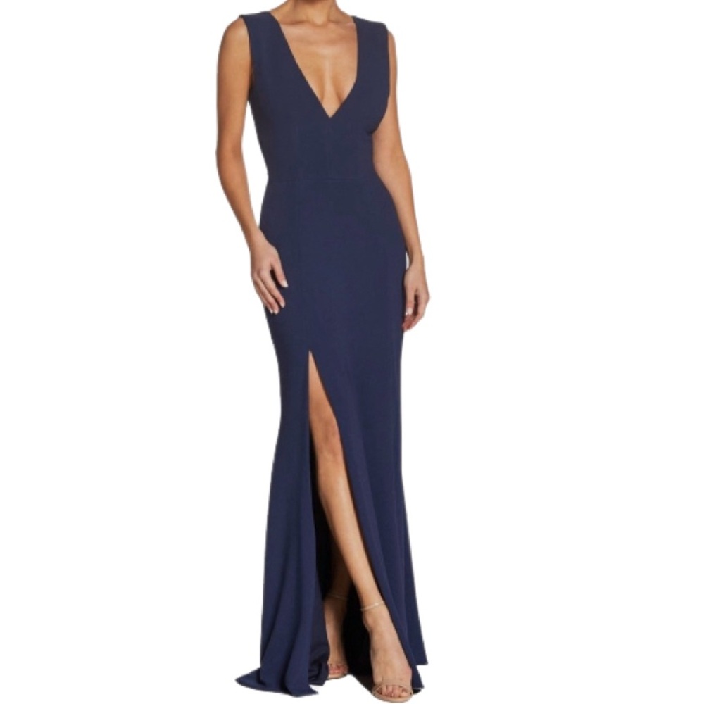 NWT Dress the Population Sandra Plunge Crepe Trumpet Midnight Blue Gown - Sz S